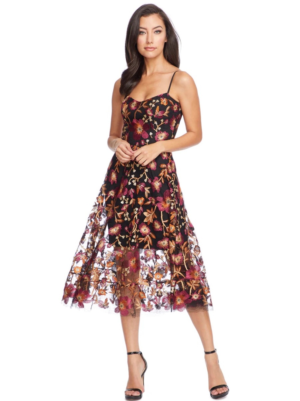 Dress the Population Black Midi Dress with Pink & Gold Floral Embroidery